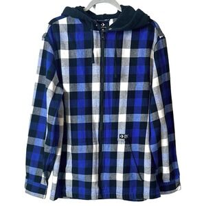 Converse Mens Full Zip Long Sleeve Hoodie Plaid Blue & Black Sz L
